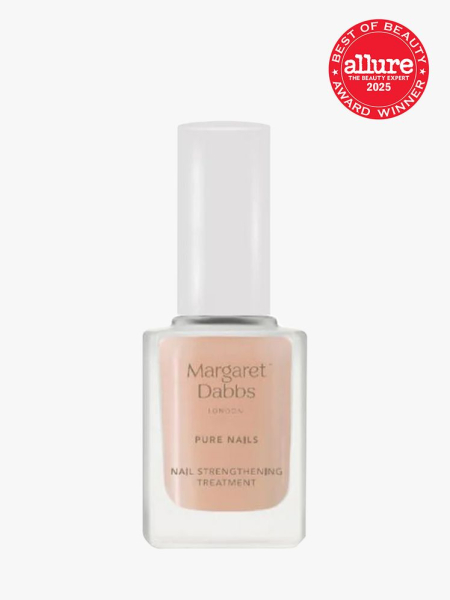 Margaret Dabbs London Nail Strengthening Treatment in branded glass bottle with white cap on light gray background with red Allure Best of Beauty seal in the top right corner