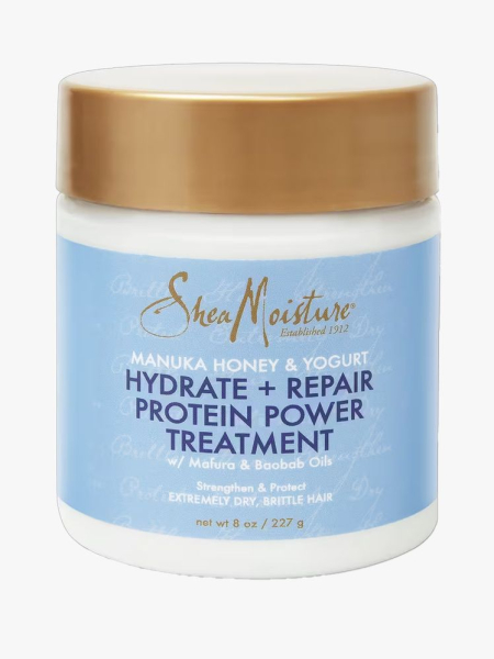 SheaMoisture Manuka Honey & Yogurt Hydrate + Repair Protein Power Treatment in branded tub component on a light gray background