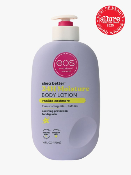 eos Vanilla Cashmere Body Lotion in branded purple bottle with white pump on light gray background with red Allure Best of Beauty seal in the top right corner