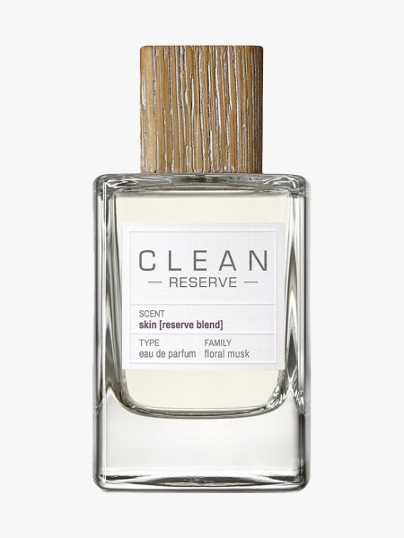 Clean Reserve Skin Eau de Parfum rectangle bottle of perfume with wood cap on light gray background