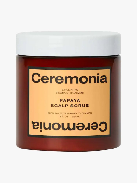 Ceremonia Papaya Scalp Scrub in branded tub component on a light gray background
