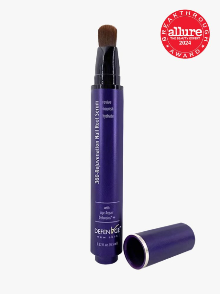 Image may contain: Cosmetics, andnail serum in branded purple and black pen applicator on light gray background with red and white 2024 allure best of beauty seal Lipstick