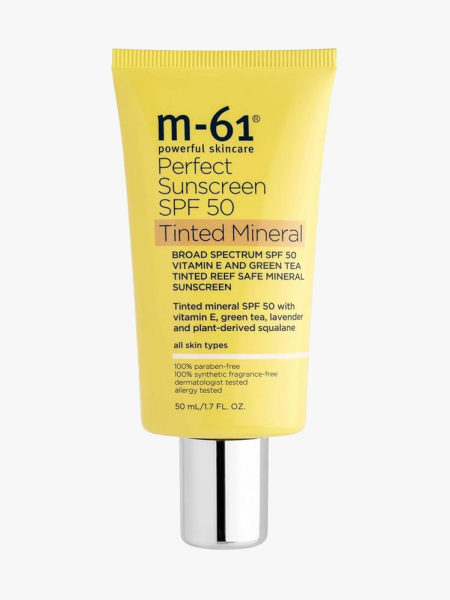 M-61 Perfect Sunscreen SPF 50 Tinted Mineral in branded component on a light gray background